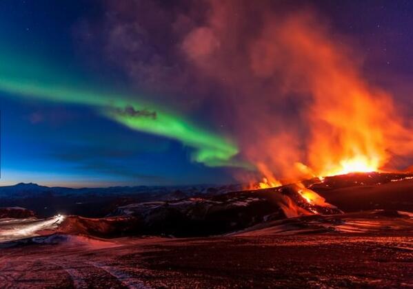Volcano and Northern Lights in Iceland