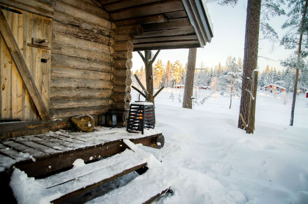 stairs up to log cabin