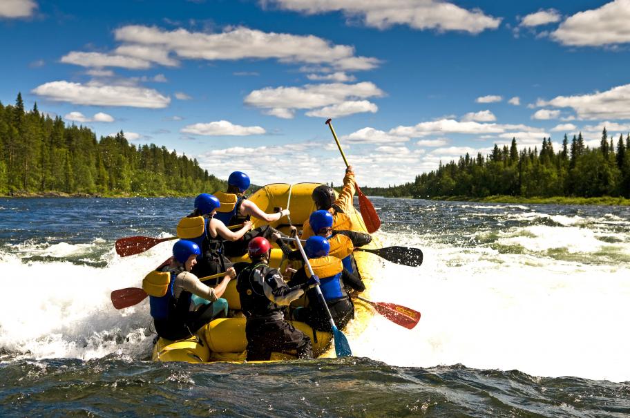 People white-water rafting through rapids beside forested riverbanks