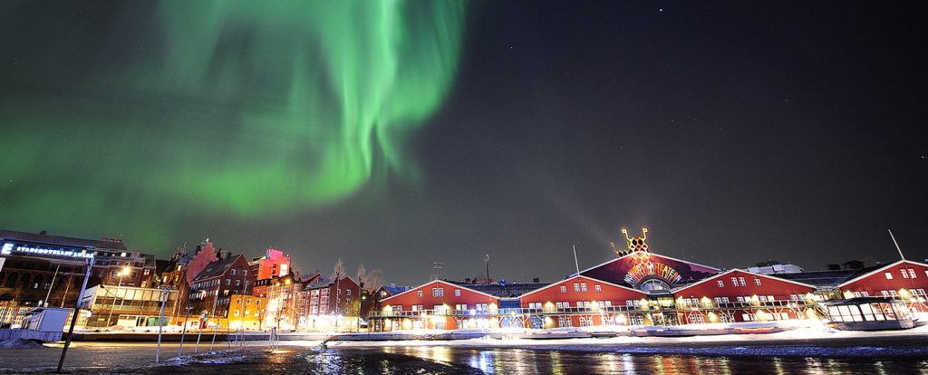 northern lights above the city