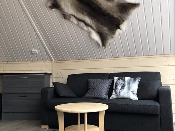 Cozy loft living area with black sofa, wooden table and fur decor under sloped ceiling