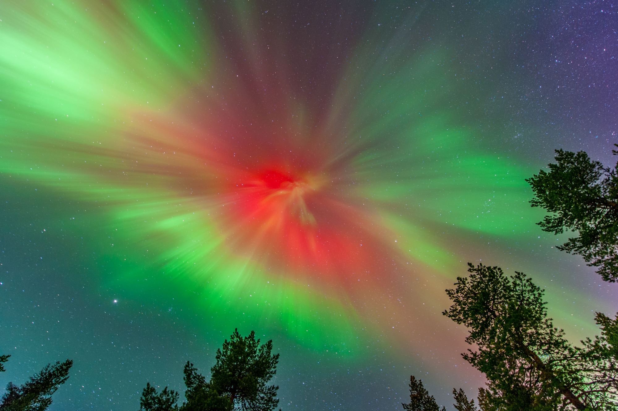 Bright aurora Borealis overhead with green and red hues in a dark sky