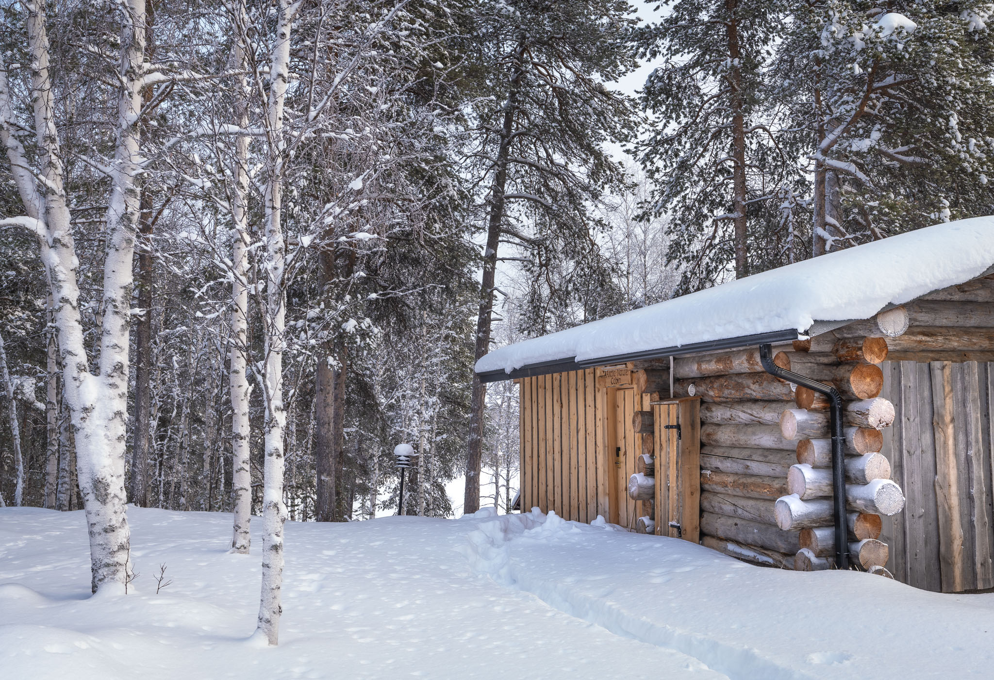 log cabin in the snow covered forest
