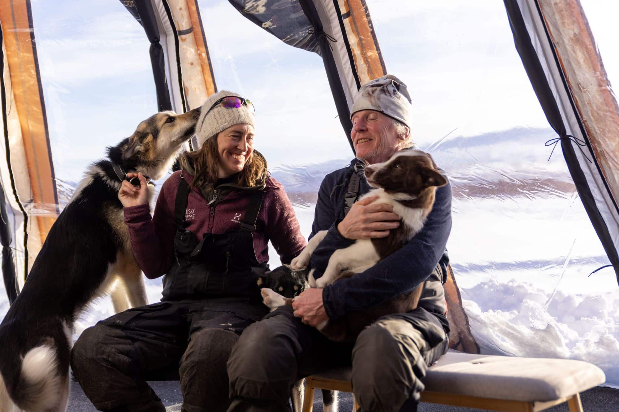 2 people holding huskies