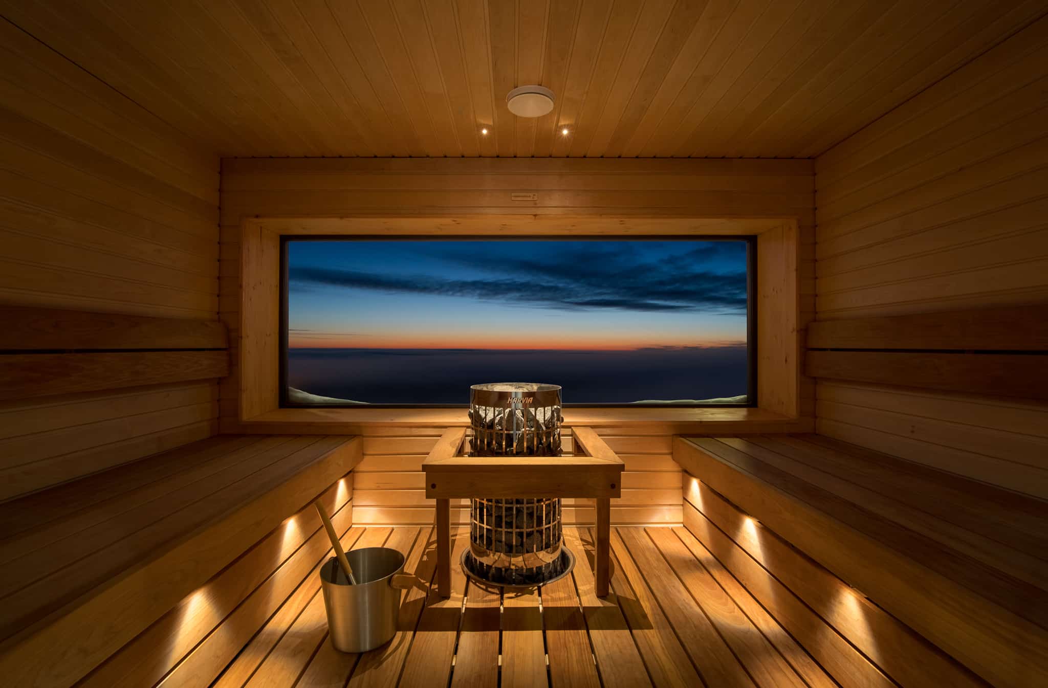 sauna with sunset view