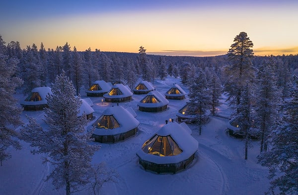 glass igloos from drone view