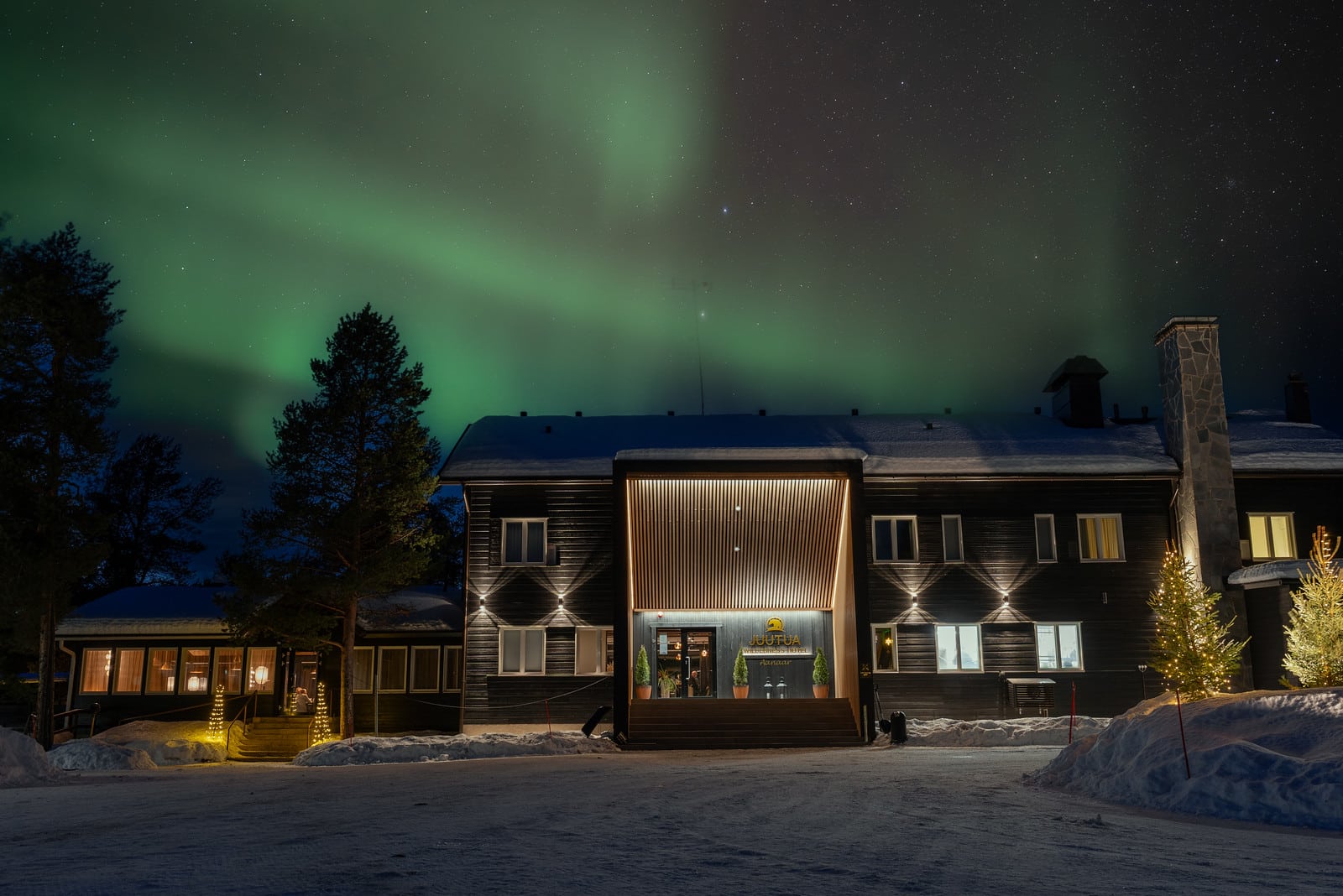 main building with northern lights
