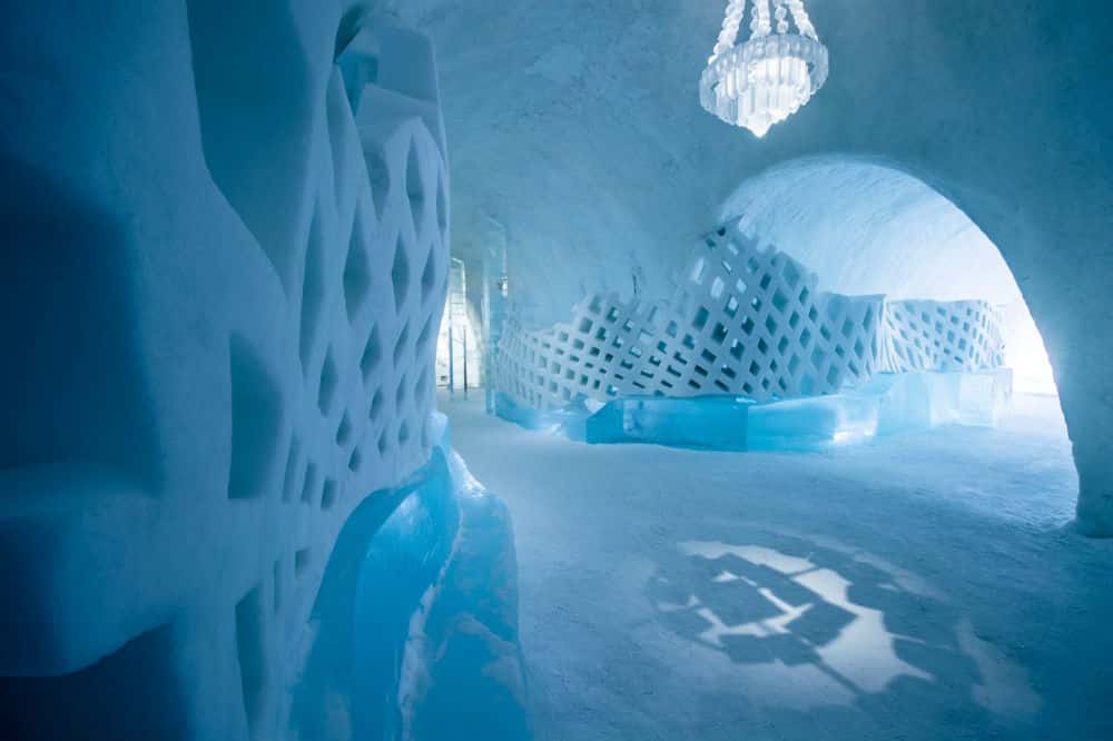 inside ice hotel with ice carvings