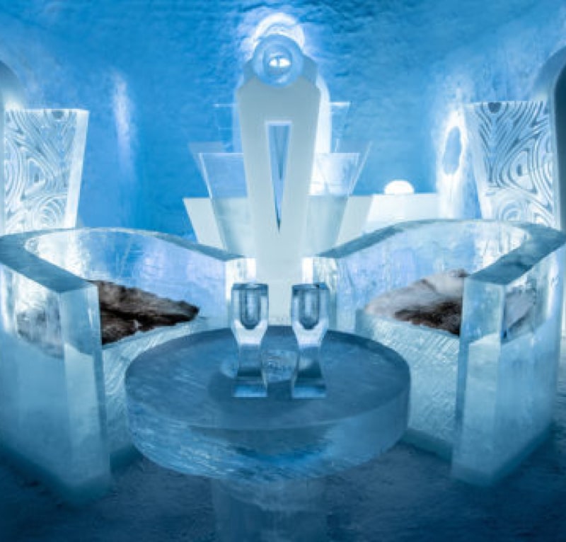 chairs and table made of ice