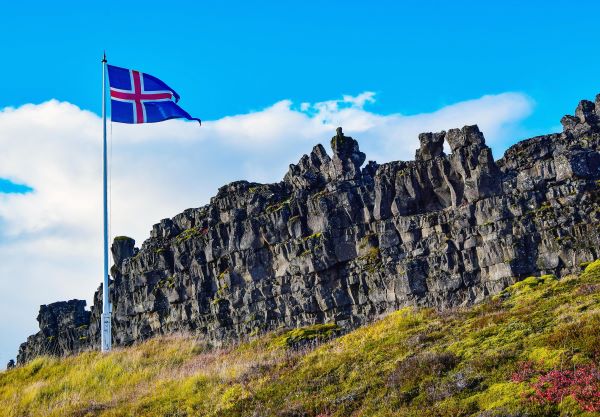 rocky terrain with icelandic flag