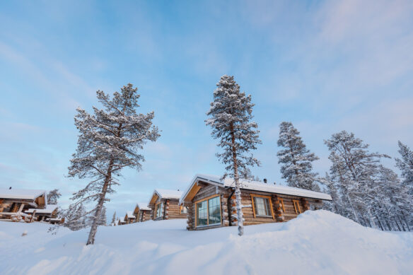 Row of wooden log cabins in snowy woodland under a pale winter sky