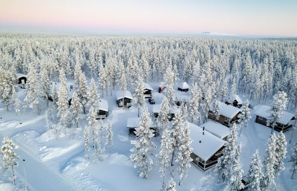 cabins in the snow aerial view