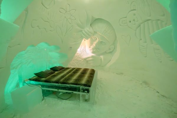 bed made from ice in a show room