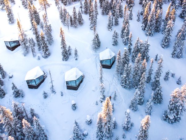 aerial view of magical pond glass igloos