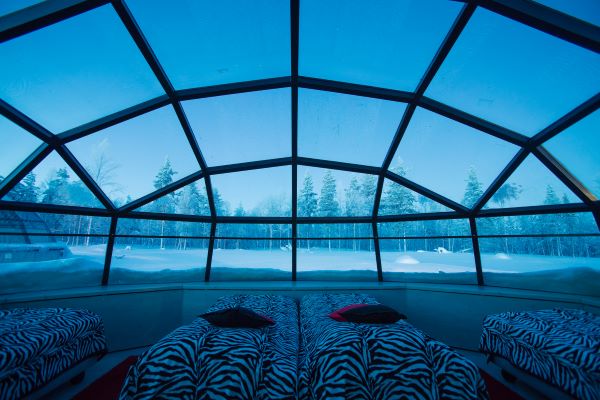 Glass dome igloo room with multiple beds, looking out to a snowy forest