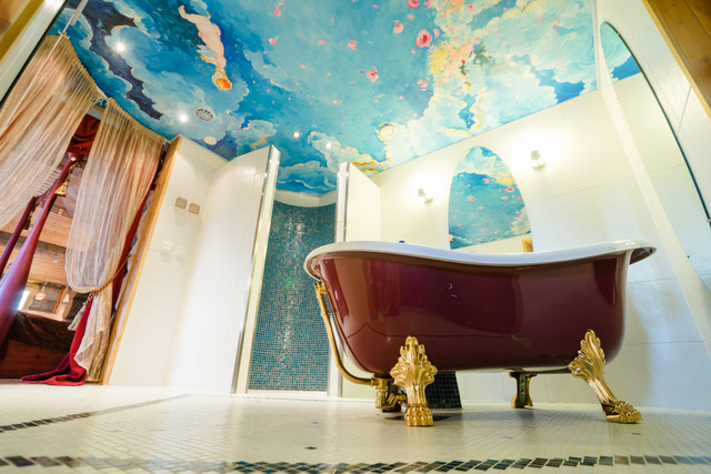 queen suite bathroom with free standing bath tub