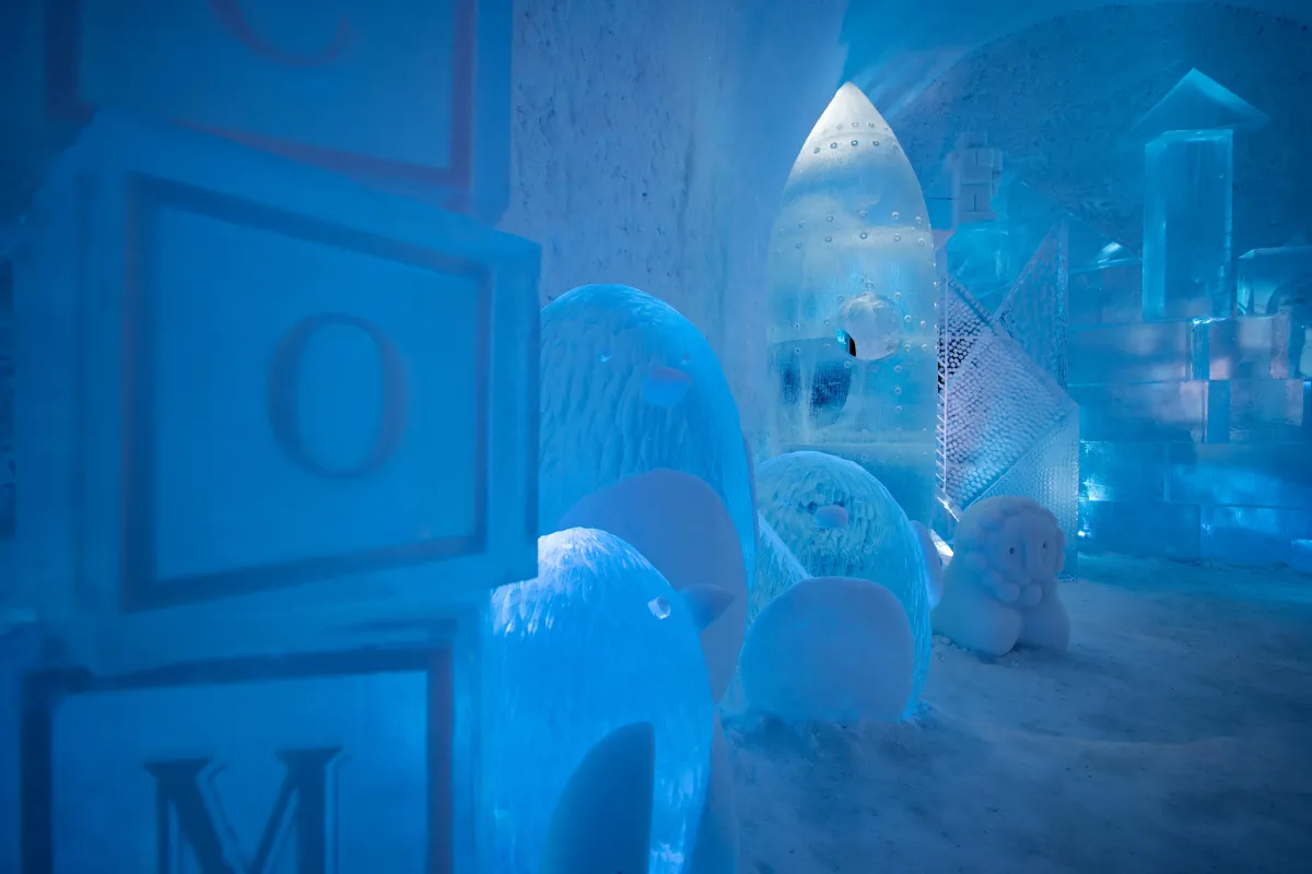 ice carvings inside the ice hotel in sweden