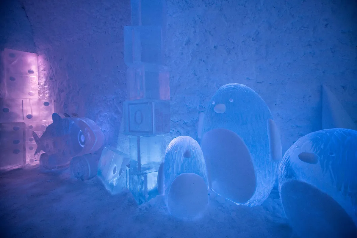 ice carvings inside the ice hotel sweden