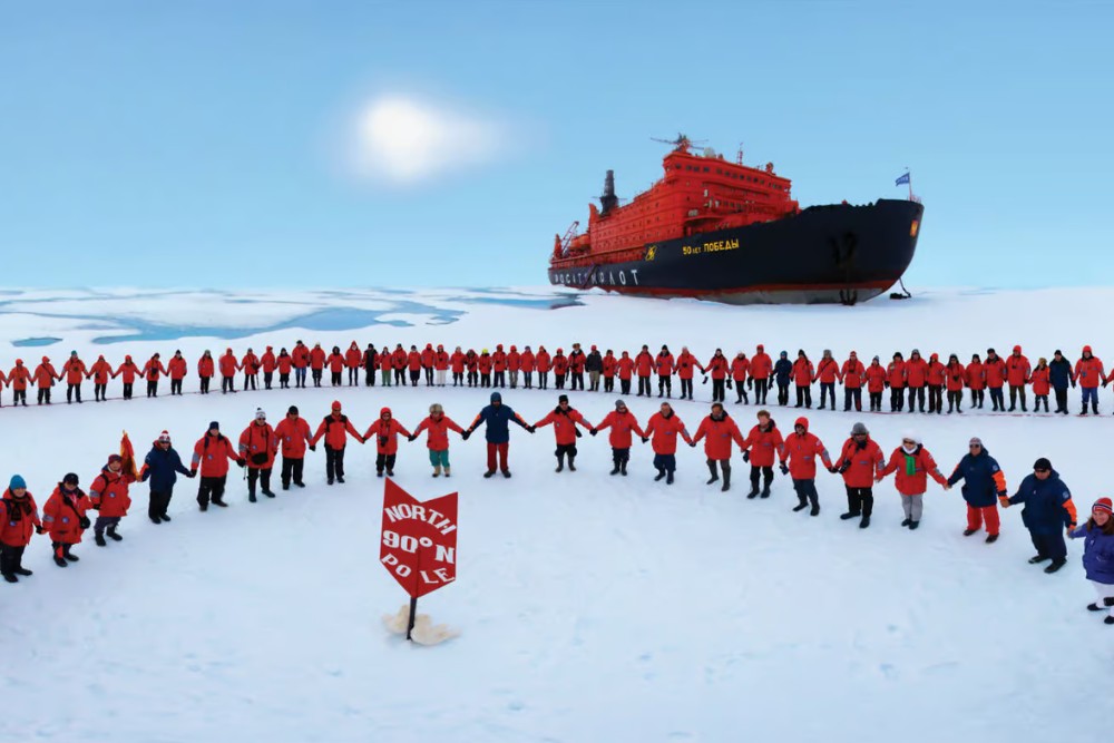 people stood in a line in the north pole with ice breaker behind