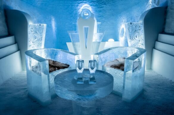 seats made from ice in the icehotel