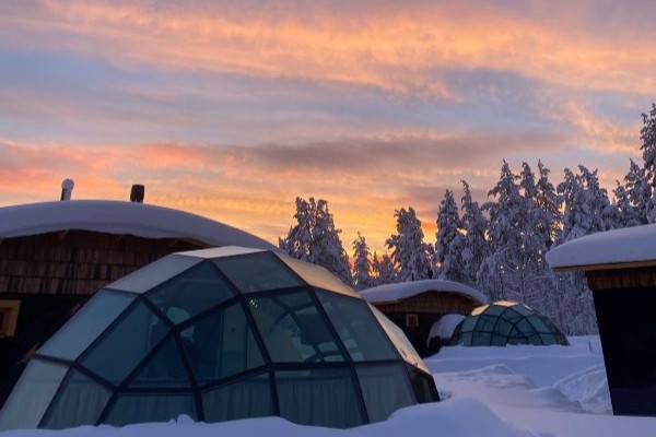 glass igloos with snow covered forest behind