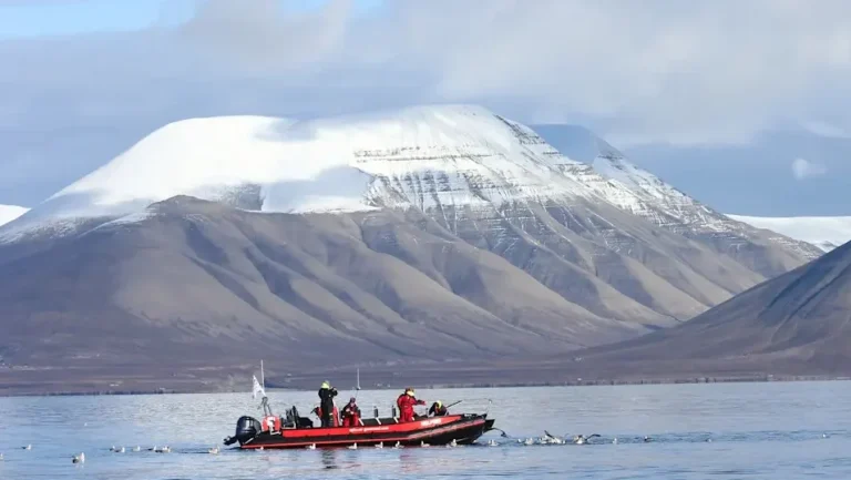 Boat trip with snow topped mountain in the background