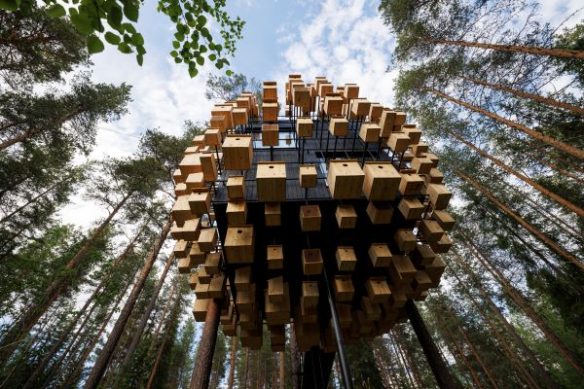 accommodation made from bird houses, suspended in the trees